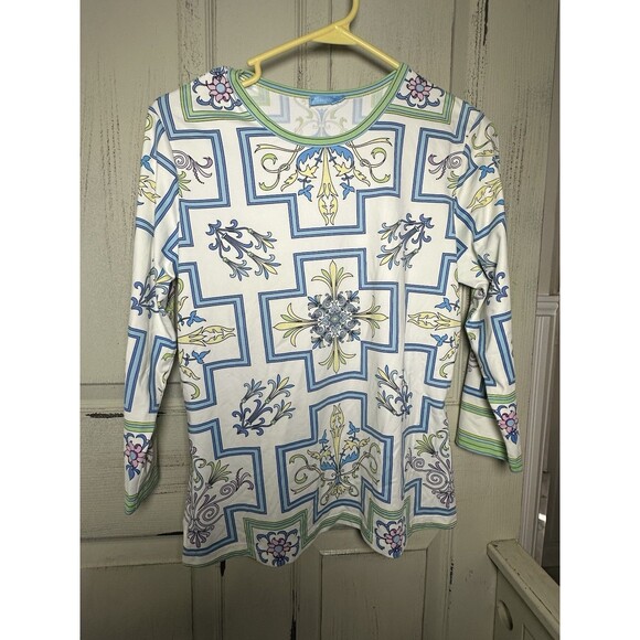 J. McLaughlin Catalina Cloth Top Cream Multicolor 3/4 Sleeve Size M *Read* - Picture 2 of 9